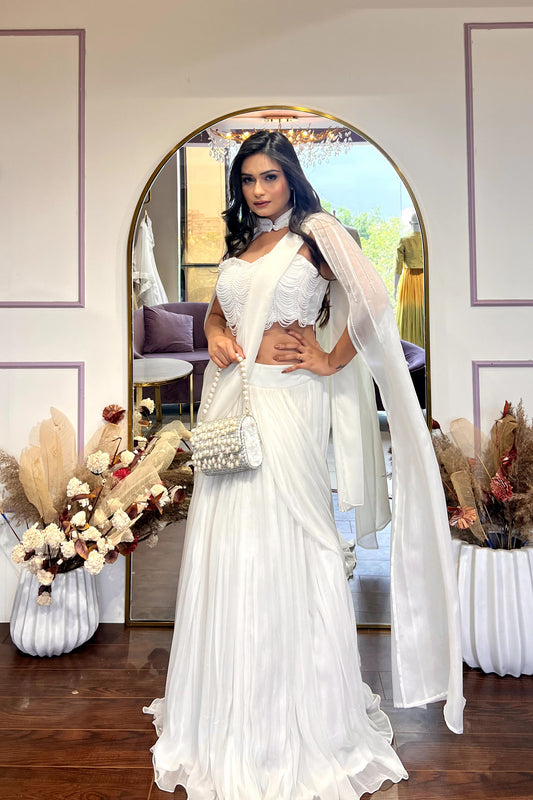 White Drape Lehenga with pearl Cape & Blouse