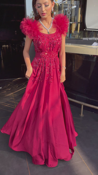 Red Flared gown with ruffles