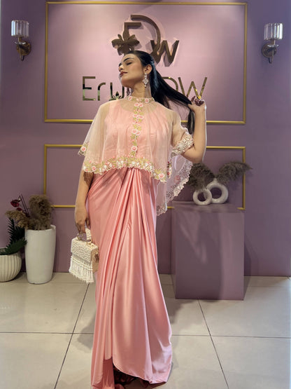 Apricot blush cape & drape dress
