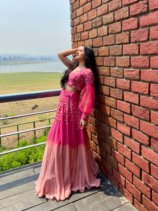 Hot pink ombre one shoulder lehenga