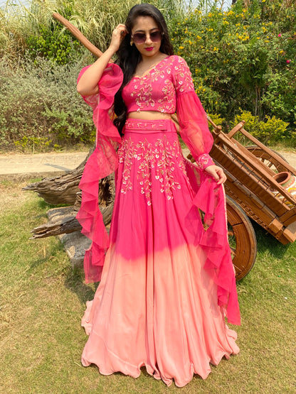Hot pink ombre one shoulder lehenga