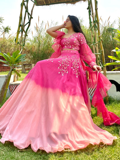 Hot pink ombre one shoulder lehenga
