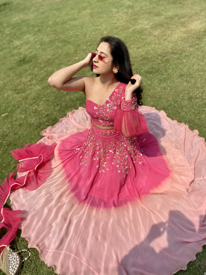 Hot pink ombre one shoulder lehenga