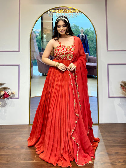 Red Floral Anarkali