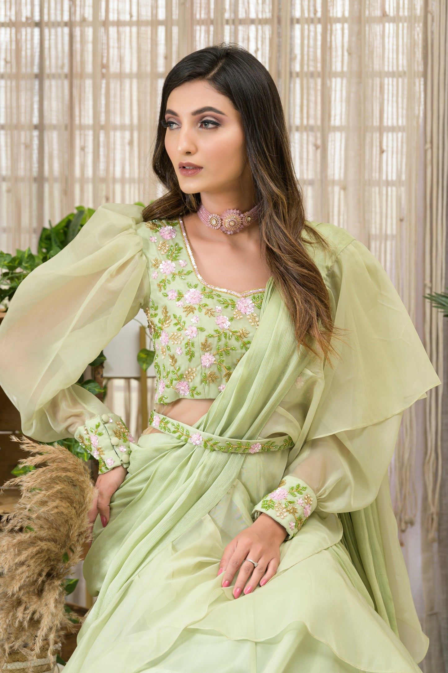 LILLIANE- green organza drape saree