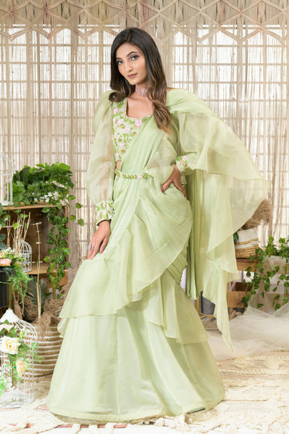 LILLIANE- green organza drape saree
