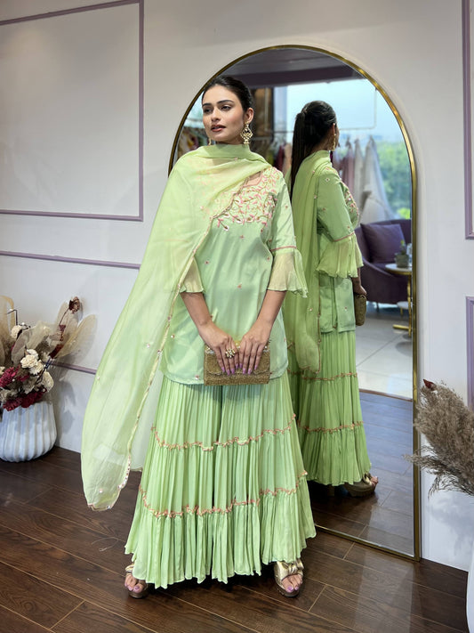 Lime cream green kurta set