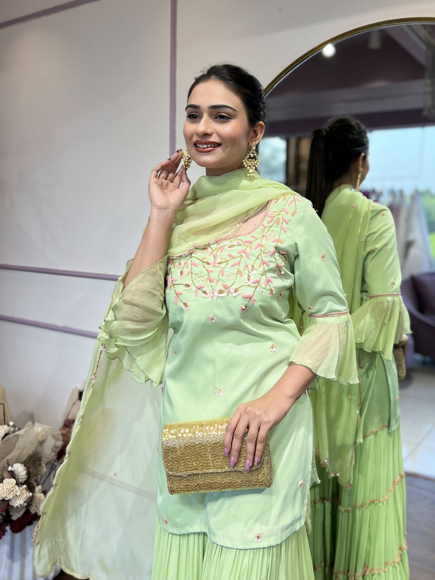 Lime cream green kurta set