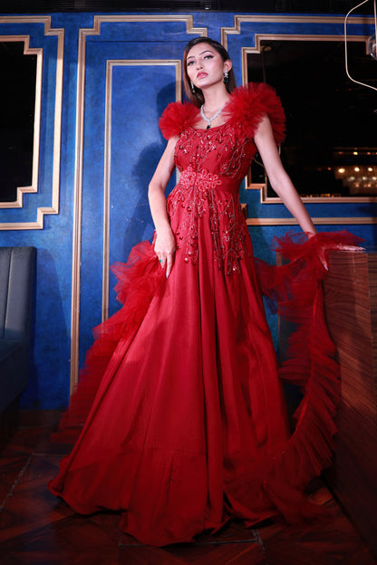 Red Flared gown with ruffles