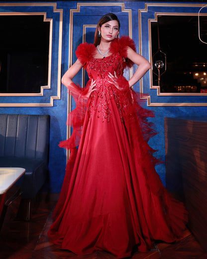 Red Flared gown with ruffles