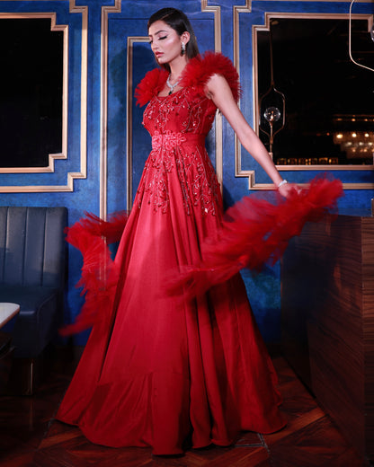Red Flared gown with ruffles
