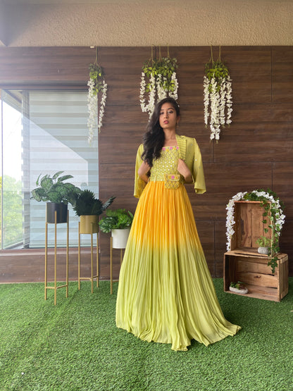 Yellow Green ombre gown with blazer